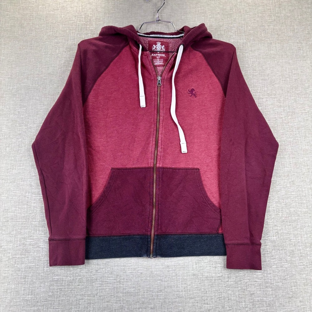 Express Mens Small Zip Up Hoodie Burgundy Maroon Colorblock Lion Logo Raglan S